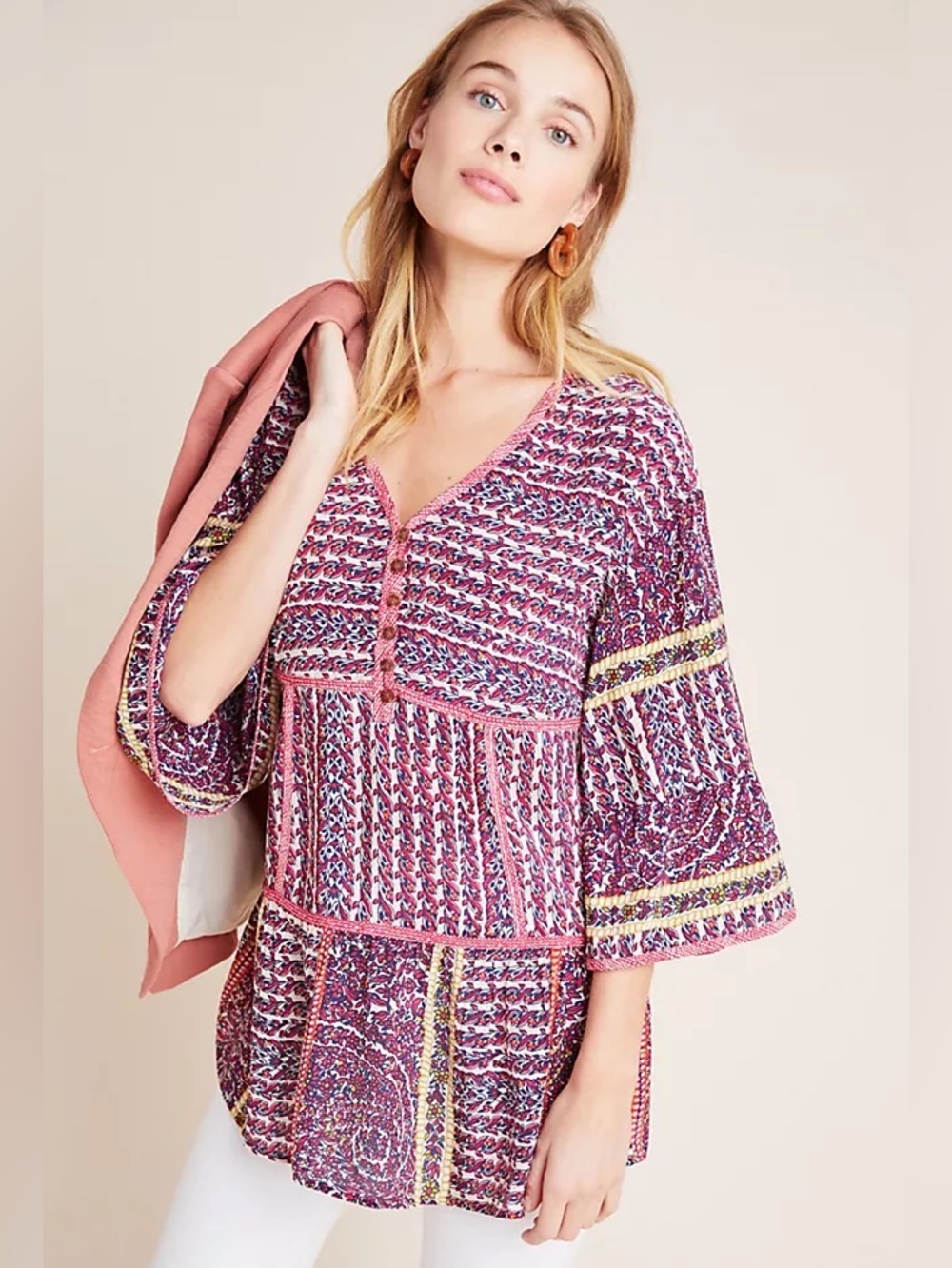 Anthropologie Maeve $158 100% Silk Tiered V-Neck Cottage Boho Floral Tunic S